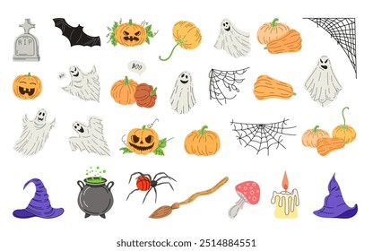 Big set of halloween elements in flat style. Design of ghost, creepy and spooky elements for halloween decorations, sketch, icon. Hand drawn vector isolated on white background.