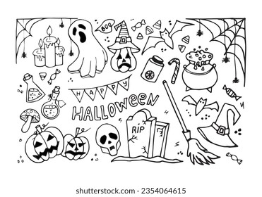 Conjunto grande con elementos de Halloween sobre fondo blanco en estilo doodle. Ilustración del vector