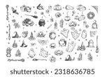 Big set of halloween elements in sketch style. Design of witch, ghost, creepy and spooky elements for halloween decorations, sketch, icon. Hand drawn vector isolated on white  background.