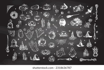 Gran conjunto de elementos de halloween con estilo de esbozo. Diseño de brujas, fantasmas, elementos espeluznantes y espeluznantes para decoraciones de halloween, boceto, ícono. Vector dibujado a mano aislado en el fondo de la pizarra.