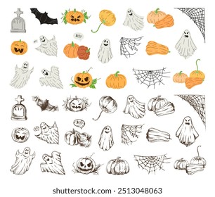 Gran conjunto de Elementos de halloween en estilo boceto y plano. Diseño de brujas, fantasmas, Elementos espeluznantes y espeluznantes para decoraciones de halloween, boceto, ícono. Vector dibujado a mano aislado sobre fondo blanco.