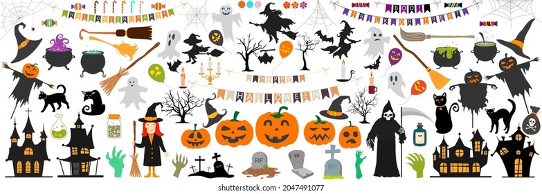 Big set of Halloween elements, with text, pumpkins, ghosts, monsters, zombie, death, candy, balloons. Isolated objects. Vector illustration. Happy Halloween