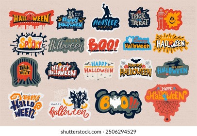 Gran conjunto de emblemas divertidos de Halloween. Emblemas fantasmales. Etiqueta de Halloween, diseños de insignias. Estampados para camiseta, tipografía. Conjunto de etiqueta engomada de letras de Halloween. Vector dibujado a mano, espeluznante, elemento espeluznante