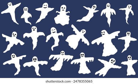 Gran conjunto de fantasmas de Halloween, colección de día de fiesta de los espíritus, fantasmas de miedo, divertidos en estilo de dibujos animados planos aislados sobre fondo azul.