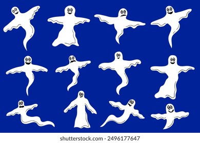 Big set of Halloween ghosts, holiday collection of spirits, scary, funny ghosts in flat cartoon style isolated on blue background.