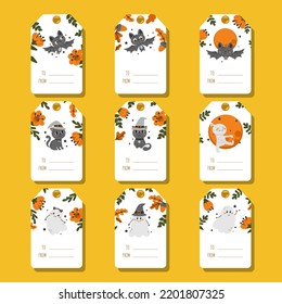 Big set of Halloween gift tags. Printable cute and scary label template with holiday symbols cartoon character. Vector.