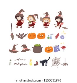 Big set of halloween icons/ Cute little witches