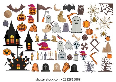 Big Set of Halloween Illustrations Clip Art Hugh Collections, Design of the witch, icon, and character Other elements for Halloween decorations. Creative Premium Vector Illustration.