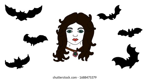 Big set of Halloween illustrations. Silhouettes of bat vampires and a beautiful evil dark witch. Hand drawn vector. Great design for cards, invitations, flyers. Pale fairy with a magic necklace.