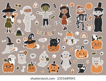 Big set of Halloween labels of cute pumpkins, ghosts, kids in costumes and other elements.