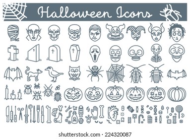 Big set of Halloween line icons, including pumpkins, skulls, bugs, pointy objects, body-parts and candy