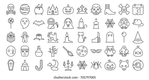 Big set of Halloween outline icon, include monster such as angle of death, Dracula, mask of murderer, bat and cute ghost, abandoned house, owl, candle, black cat, candy, wolf, skull