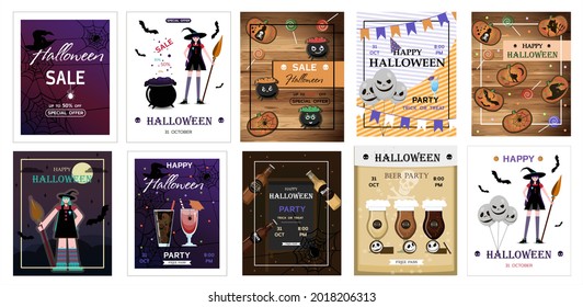 Big set of halloween Party Design template, with pumpkin, sweets, spiders, witches, cookies, balloons and sales information. Flyers for advertising, sales or parties. A set of bright backgrounds