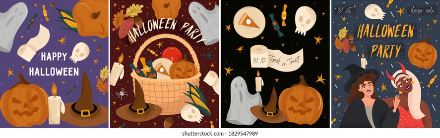 Big set of Halloween party posters in cartoon style. Festive vector posters with female student friends of different races in witch and devil costumes and halloween sweets, pumpkins, corn and skull 