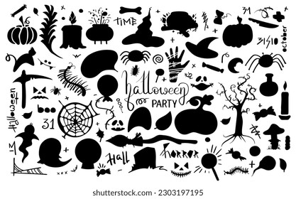 Big Set Halloween pictures in doodle style. Black silhouette illustration