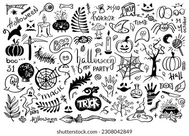 Big Set Halloween pictures in doodle style. Line art illustrations 