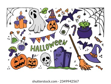 Big Set Halloween pictures in doodle style isolated on white  background. Vector illustration