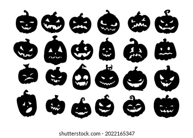 Big Set of Halloween pumpkin. Black emoji vector icon illustration isolated on white background.