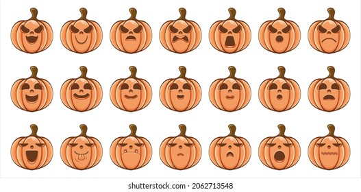 Big set of halloween pumpkins with Jack O`Lantern face, vector illustration, cartoon in kawaii style. chibi funny face, angry face, tired. unique and cute characters. mascot with costume for halloween