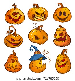 Big set of halloween pumpkins with Jack O`Lantern face, vector illustration.  Design for print, poster, invitation, logo, emblem or sticker