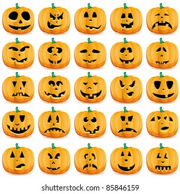 Big set of halloween pumpkins with Jack O`Lantern face, vector illustration