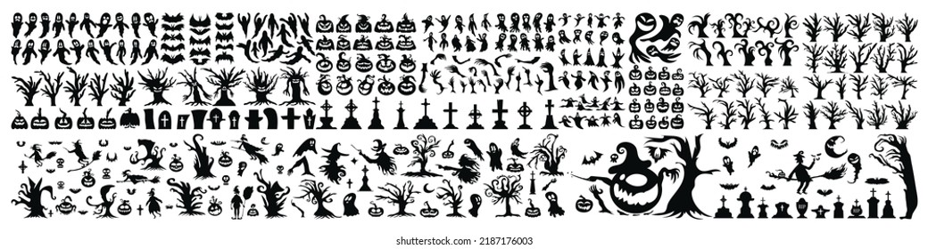 Big Set of Halloween Silhouette Icon and Character. Halloween Vector Illustration Isolated on White Background. Hand Drawn Horror Element