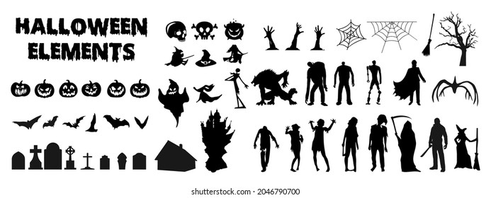 Big Set Of Halloween Silhouettes Black Icons And Characters. Collection Of Vector Illustrations. Isolated Elements On White Background. Horror Characters From Old Vintage Movies And Tv Shows.