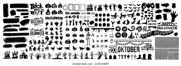 Big set of halloween silhouettes black icon and character. Design of witch, creepy and spooky elements for halloween decorations, sketch, icon, sticker. Hand drawn vector solated background.