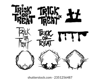 Big set of halloween silhouettes black icon and character. Design of witch, creepy and spooky elements for halloween decorations, sketch, icon, sticker. Hand drawn vector solated background