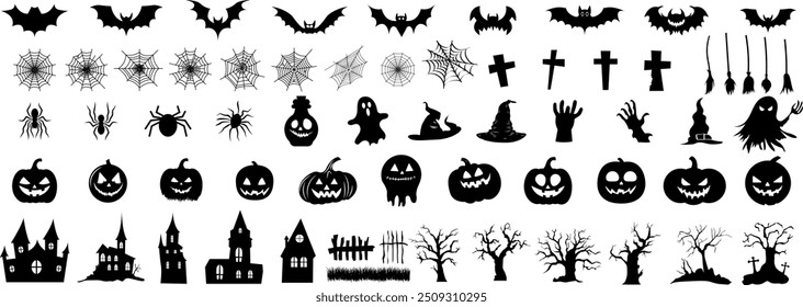 Big set of Halloween silhouettes. Hand drawn Halloween decorations elements: pumpkins with carved faces, cobwebs, spiders, bats, old houses with ghosts, grave crosses, old twisted trees, etc..