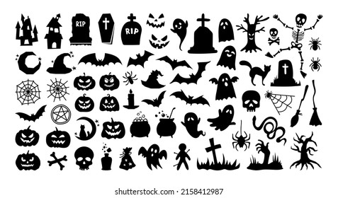 Big set of Halloween silhouettes icon and character. Collection of black silhouettes of Halloween isolated on white background. Vector illustrations - pumpkins, ghosts and magic decorative elements.