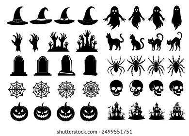 Big set of Halloween silhouettes, a white background. Vector 