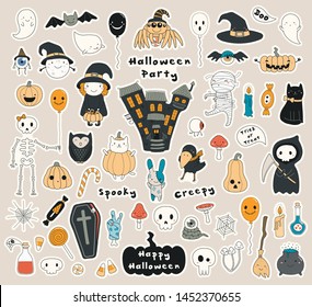 Big set Halloween stickers and kawaii characters  haunted house  pumpkins  ghosts  skulls  candy  Isolated objects  Hand drawn vector illustration  Line drawing  Design concept for holiday print 