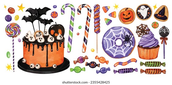 Big set of Halloween sweets and candies. Halloween cake with bats and ghosts, candy canes, spooky donuts, cupcake, cookies trick or treat candy and lollipops isolated watercolor vector element 