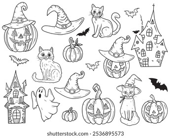 Big set of Halloween symbols ghosts, carved pumpkin in witch hat, haunted castles, cat, and flying bats. Hand drawn vector sketch illustration in doodle engraved line art vintage style. October fest