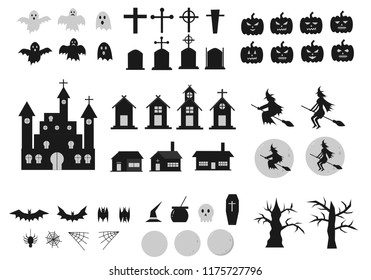 Big set of halloween themes objects environments and characters. Ghosts, graves, pumpkin face, castle, house, witch, trees, spider and web in white or black color