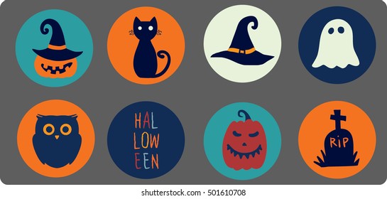 Big set of Halloween vector icons. Funny cartoon symbols. clip art for design.