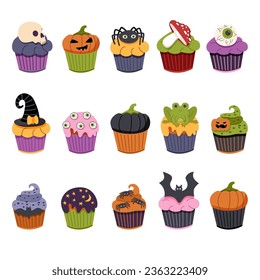 Big set of Halooween creepy cupcakes. Halloween sweetness.