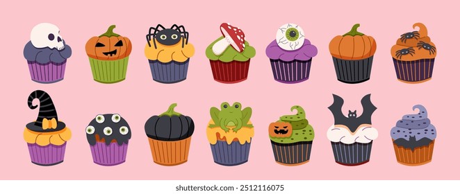 Große Reihe von Haloween gruseligen Cupcakes. Halloween Süße. Halloween-Leckereien. Halloween-Konzept.