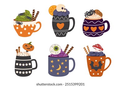 Big set of Halooween creepy drinks. Halloween mugs. Halloween treats. Halloween concept.	