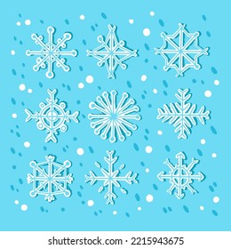 Gran juego de manos dibujando copos de nieve. Copos de nieve de todas las formas y formas. Diseño de copos de nieve para el invierno. Elementos de invierno de blancos copos de frío navideño cristal. Tarjeta navideña, Feliz Año Nuevo.