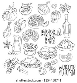 Big set of hand drawing autumn leaves, harvest, food, black and white vector illustration