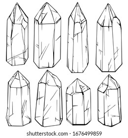 Big set of hand drawing crystal gems. the great 8. Vector art. Tatto design elements. Coloring book page design for adults