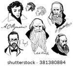 Big set with hand drawing portraits of the great Russian writers - Chekhov, Alexander Pushkin, Pushkin sketch, Tolstoy, Fedor Dostoevsky, Pushkin profile. Set of isolated elements on white background