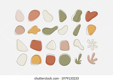 Big set of hand drawn abstract various shapes and line arts. Organic shapes. Warm earth colors. Terracotta, boho, minimal design.