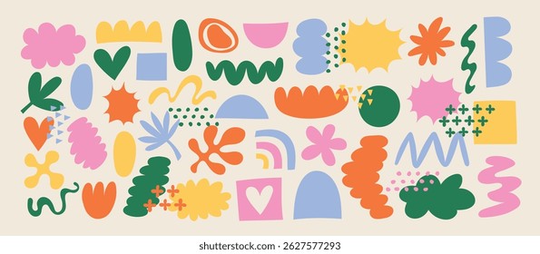 Big set of hand drawn abstract shapes in retro 70s color palette. Vector trendy design elements collection