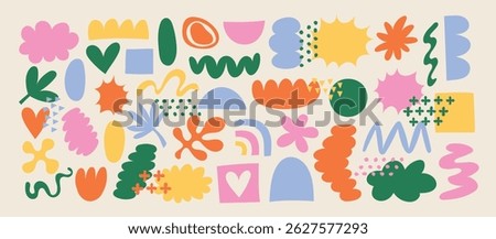 Big set of hand drawn abstract shapes in retro 70s color palette. Vector trendy design elements collection
