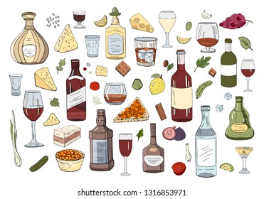 Big set hand drawn alcohol drinks and glasses isolated on the white. Vector doodle alcohol menu set.