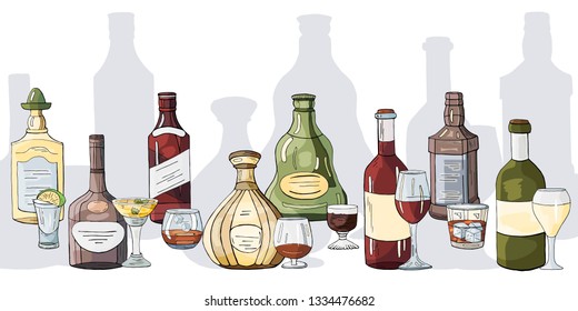 Big set hand drawn alcohol drinks and glasses isolated on the white. Vector doodle alcohol menu set.
