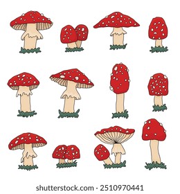 Big set of hand drawn amanita toadstool outline mushrooms. Vector collection of fly agaric doodle cartoon illustrations on a white background